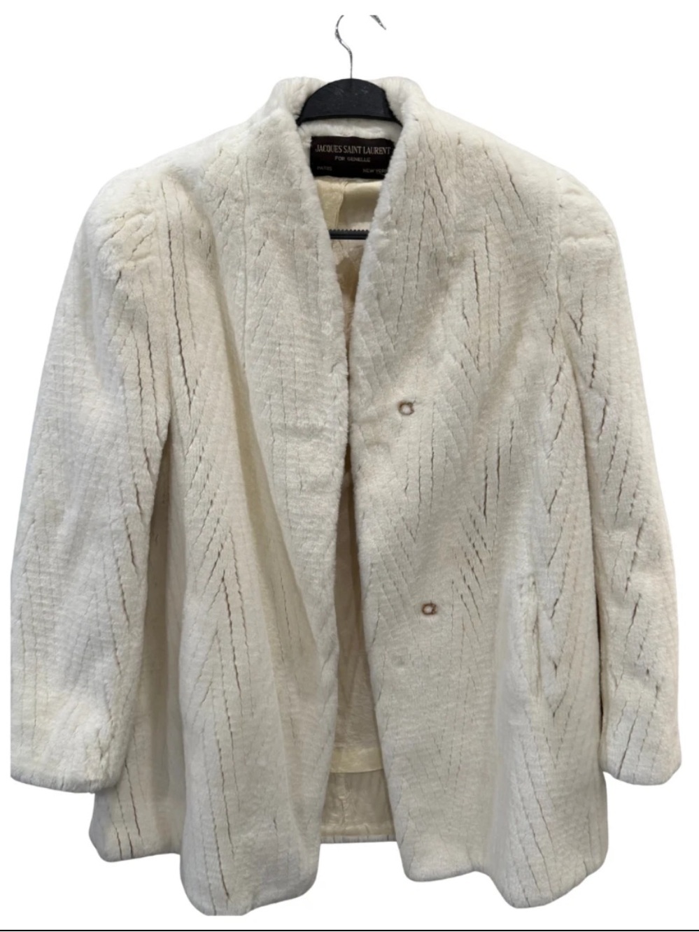 Jacques Saint Laurent Women’s L Faux Fur Coat White Vintage Long Jacket Paris NY